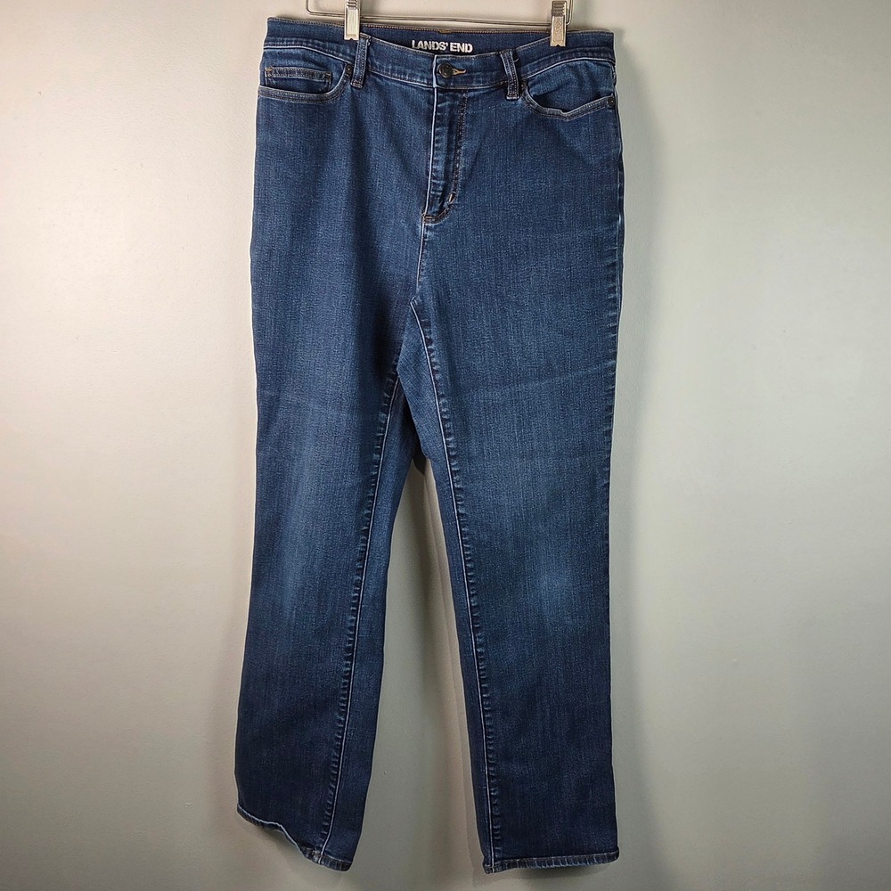 Lands End Straight Leg Jeans Womens 14 Blue Excellent High Rise Denim 513607